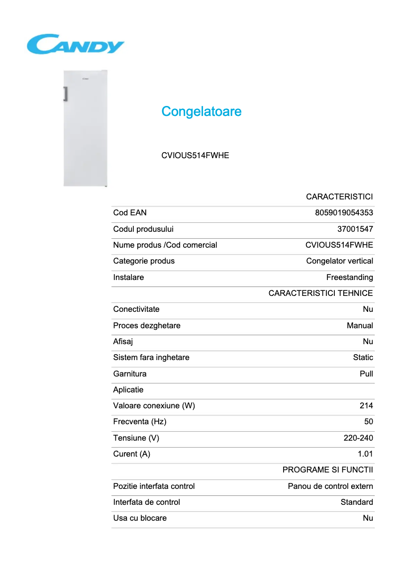 Page n°1 - Fiche technique Candy CVIOUS514FWHE