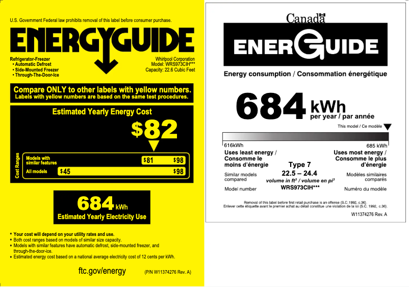 Page 1 de la notice Label énergétique Whirlpool WRS973CIHV
