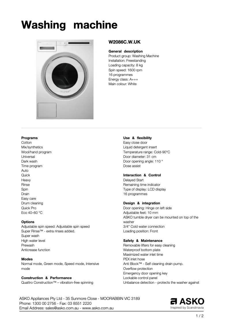 Page 1 de la notice Fiche technique Asko W2086C