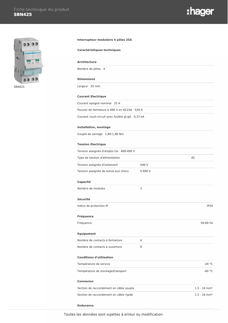 Page 1 de la notice Fiche technique Hager SBN425