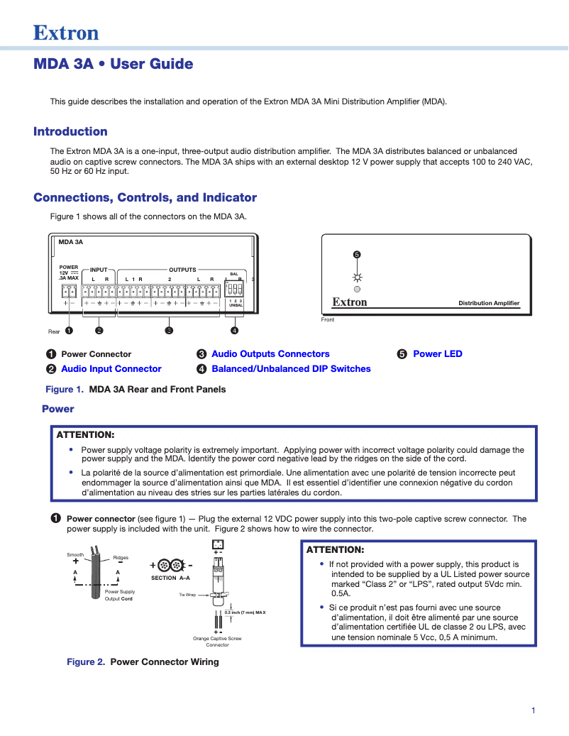 Page n°1 - Manuel utilisateur Extron MDA 3A