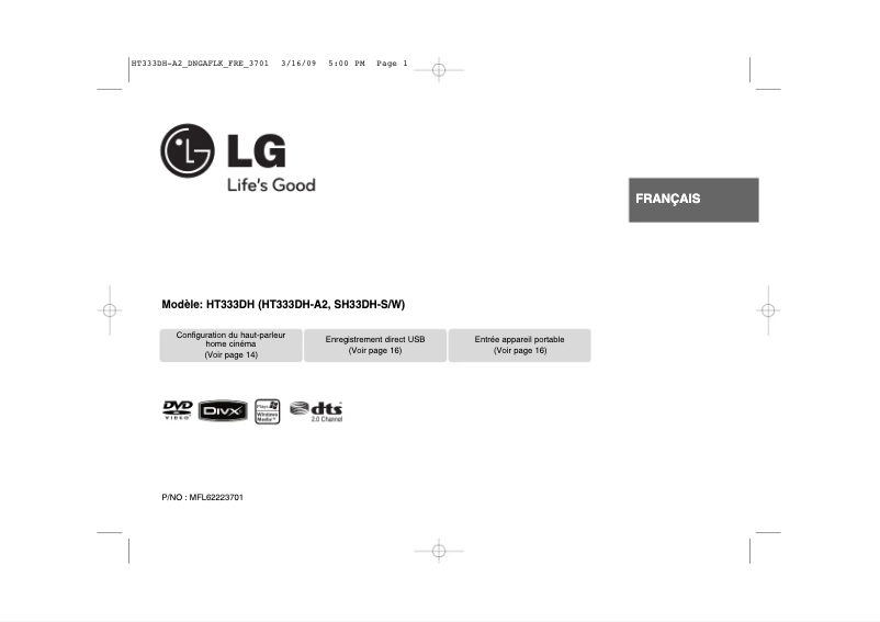 Page 1 de la notice Manuel utilisateur LG HT333DH