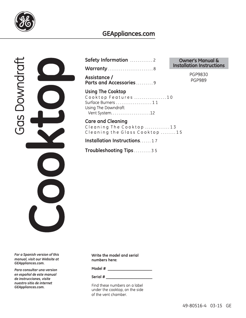 Image de la première page du manuel de l'appareil Profile PGP9830DJBB