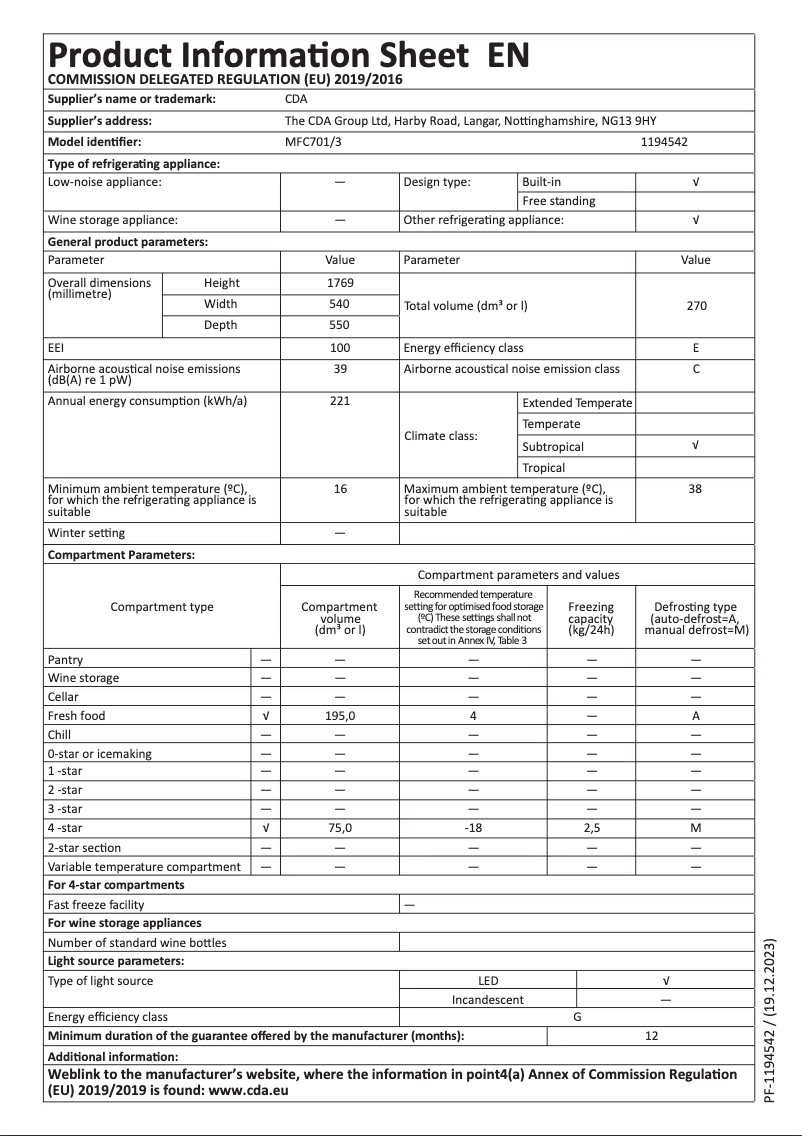 Page 1 de la notice Fiche technique Matrix MFU201