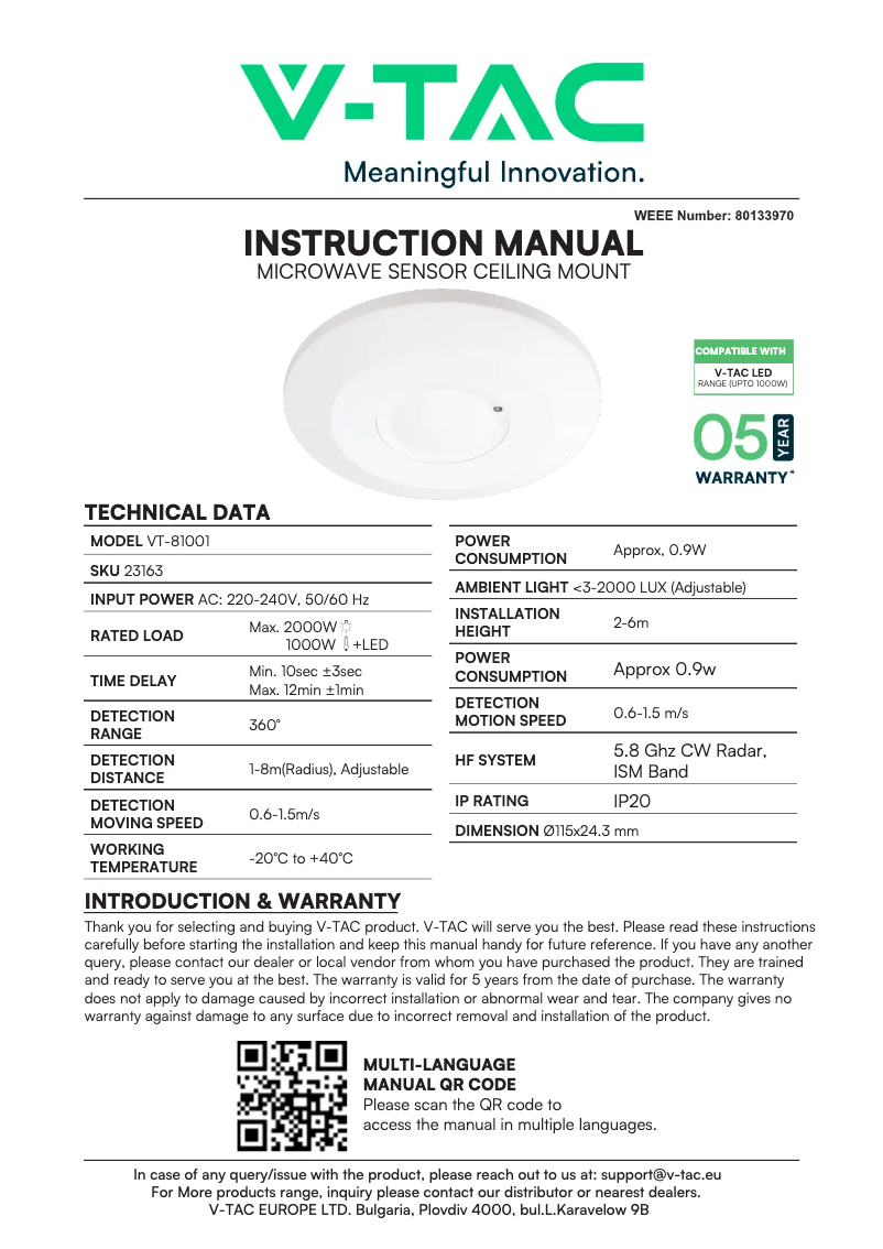 Page n°1 - Manuel utilisateur V-TAC VT-81001