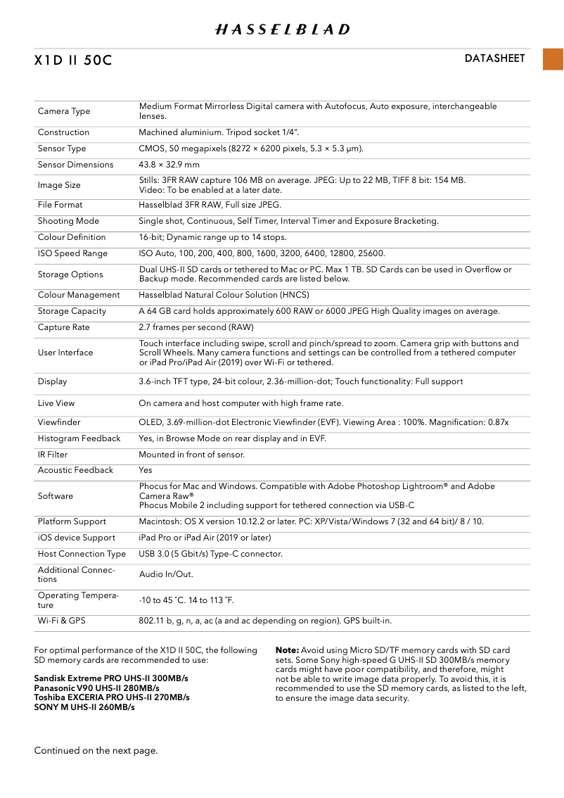Page n°1 - Fiche technique Hasselblad X1D II 50C