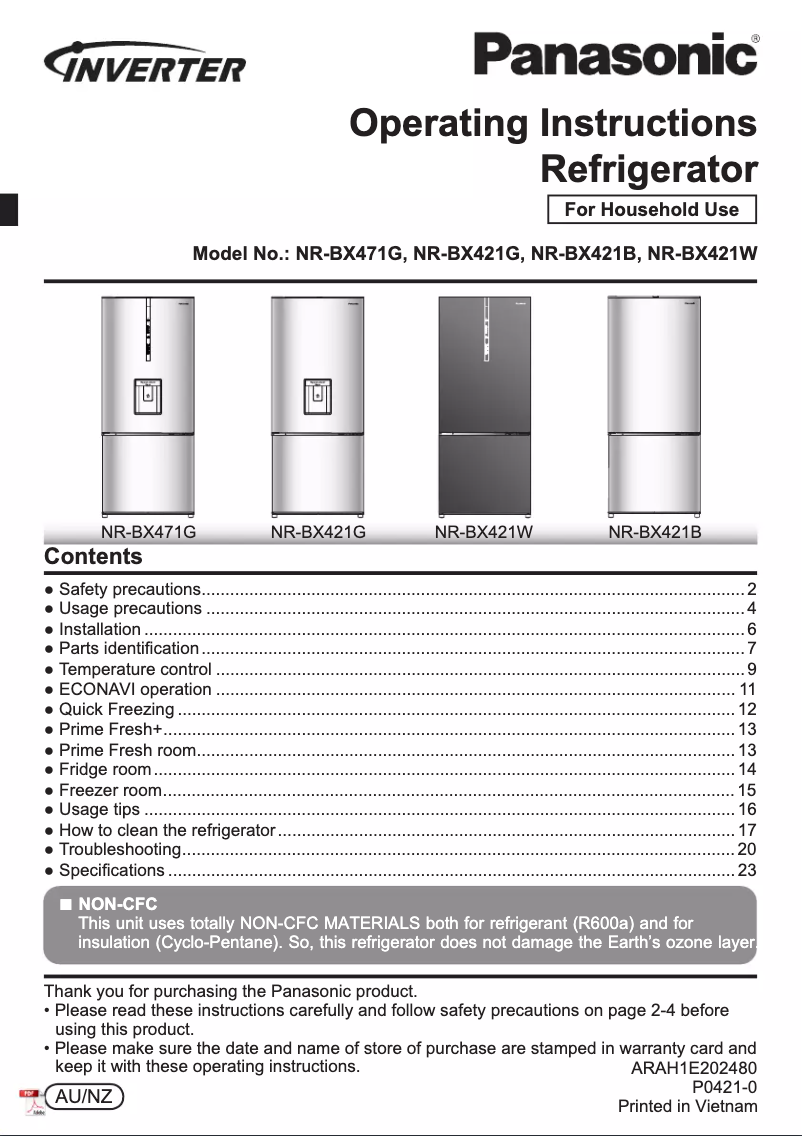 Page n°1 - Manuel utilisateur Panasonic NR-BX421W