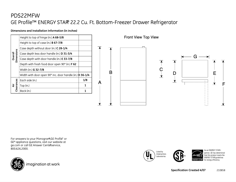 Página 1 del manual Ficha técnica GE Profile PDS22MFWBB