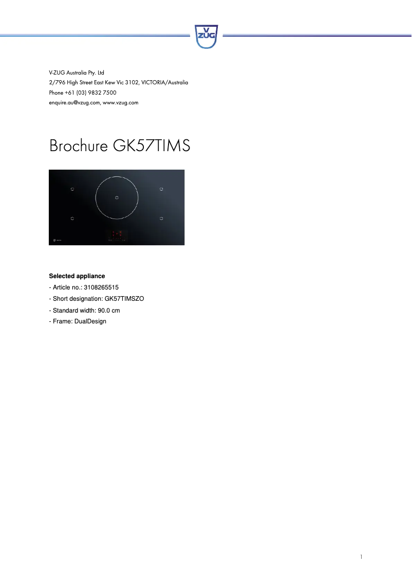 Page 1 de la notice Fiche technique V-Zug GK57TIMSZO