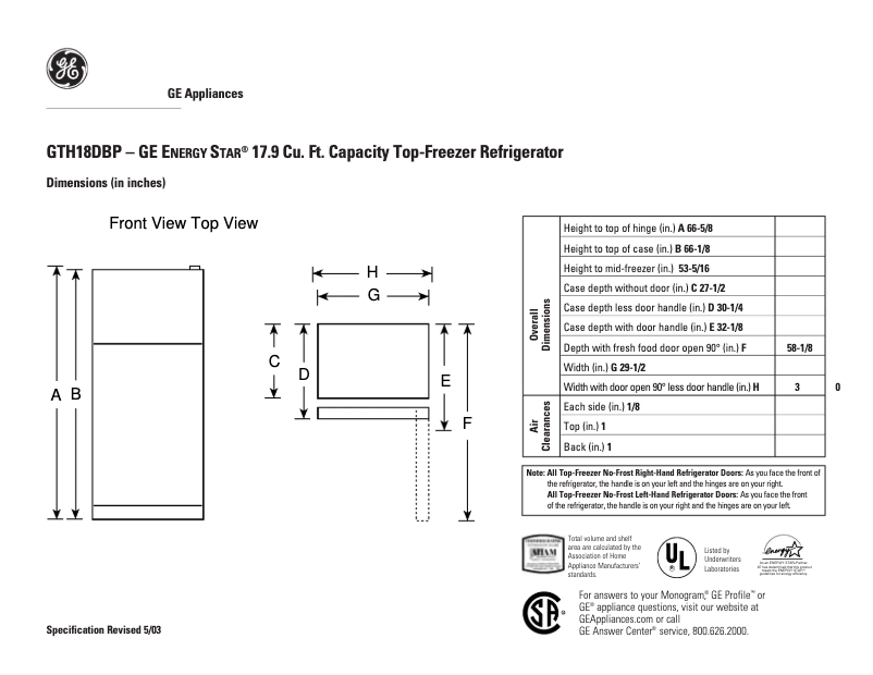 Página 1 del manual Ficha técnica GE GTH18DBPLCC