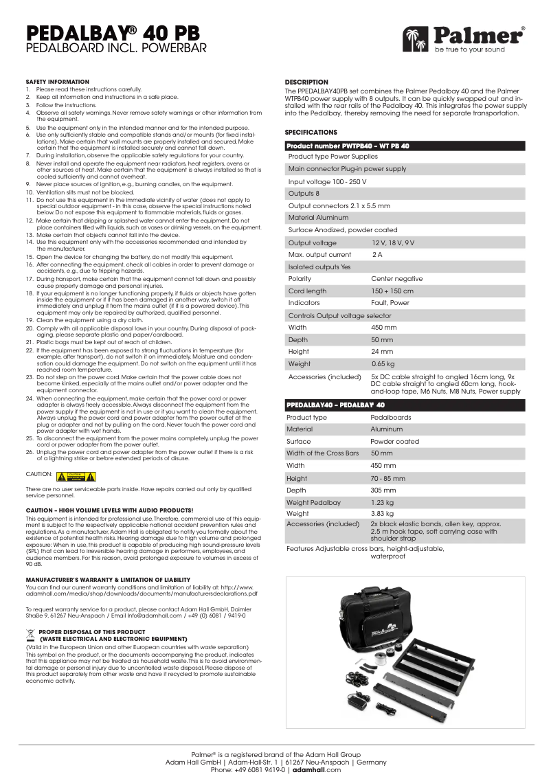 Page 1 de la notice Manuel utilisateur Palmer Pedalbay 40 PB