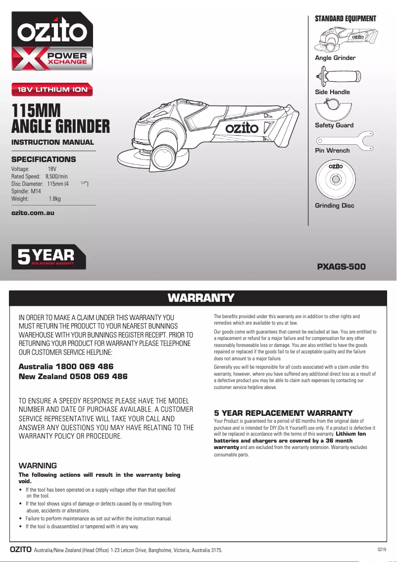 Page n°1 - Manuel utilisateur Ozito PXAGS-500