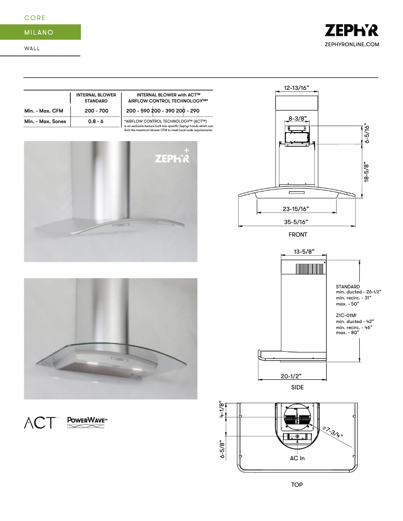 Page n°1 - Fiche technique Zephyr Milano ZMI-M90CG