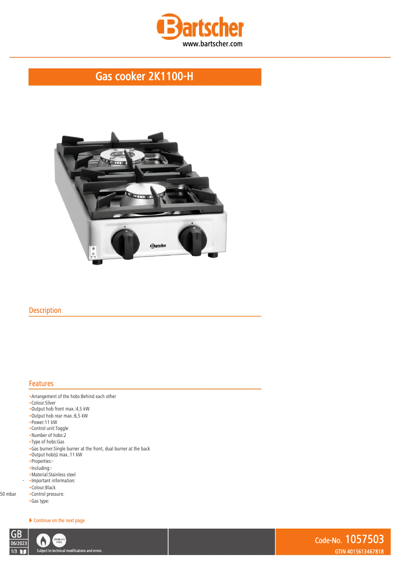 Page 1 de la notice Fiche technique Bartscher K1100