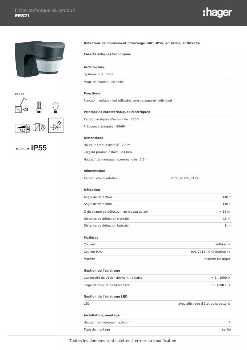 Page 1 de la notice Fiche technique Hager EE821