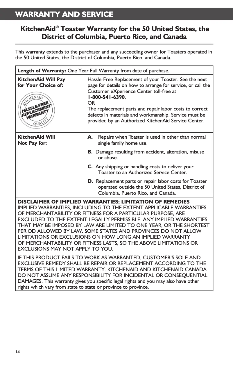 Page 1 de la notice Informations de garantie KitchenAid KMT4116CU