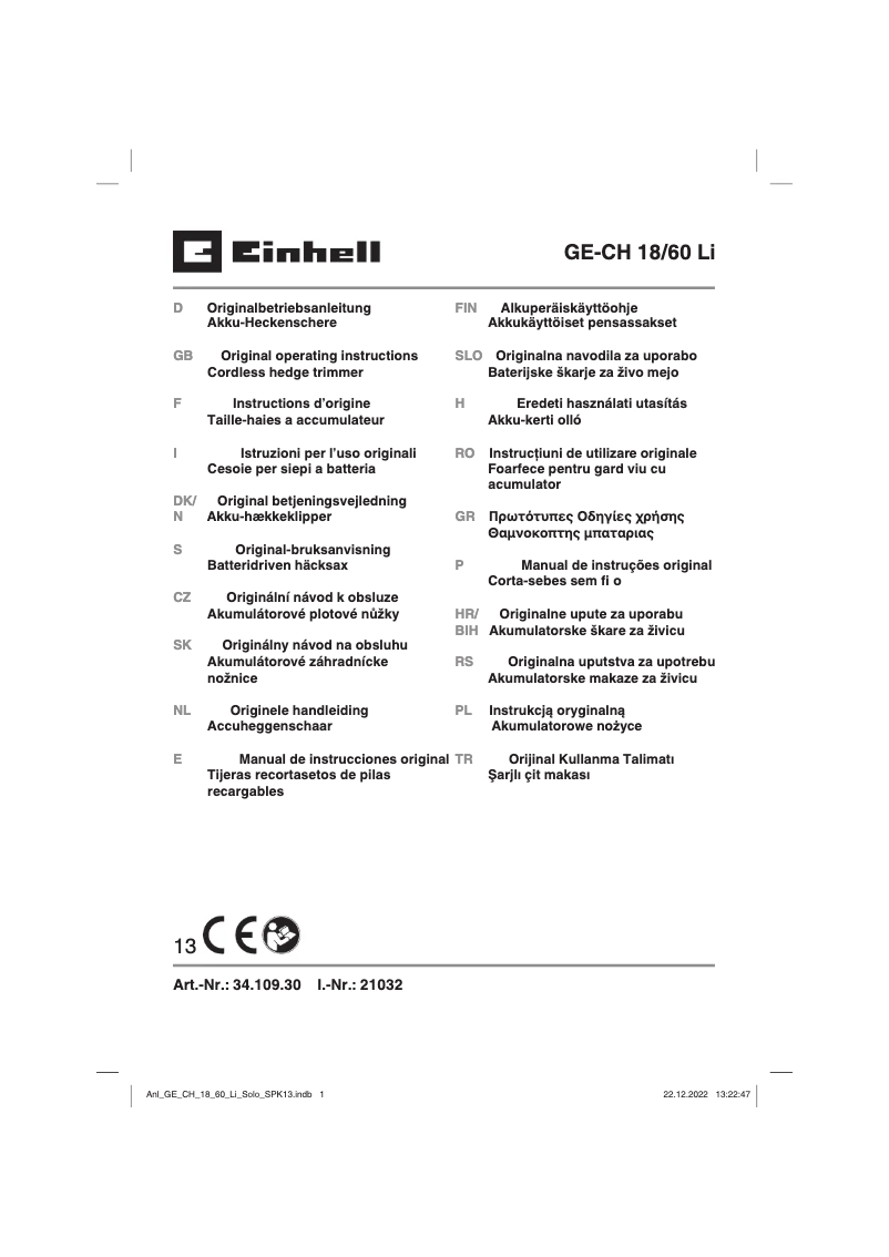 Page 1 de la notice Manuel utilisateur Einhell GE-CH 18/60 Li