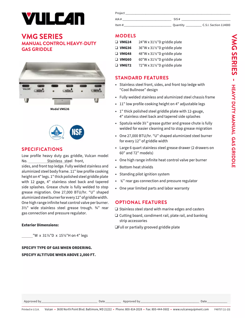 Page 1 de la notice Fiche technique Vulcan VMG48