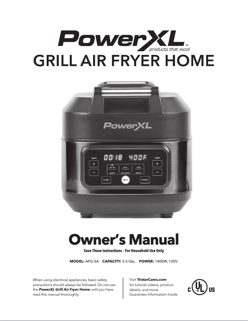 Page 1 de la notice Manuel utilisateur PowerXL Grill Air Fryer Home AFG-5A