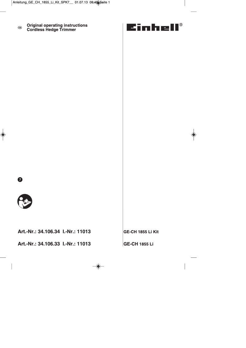 Page n°1 - Manuel utilisateur Einhell GE-CH 1855 Li