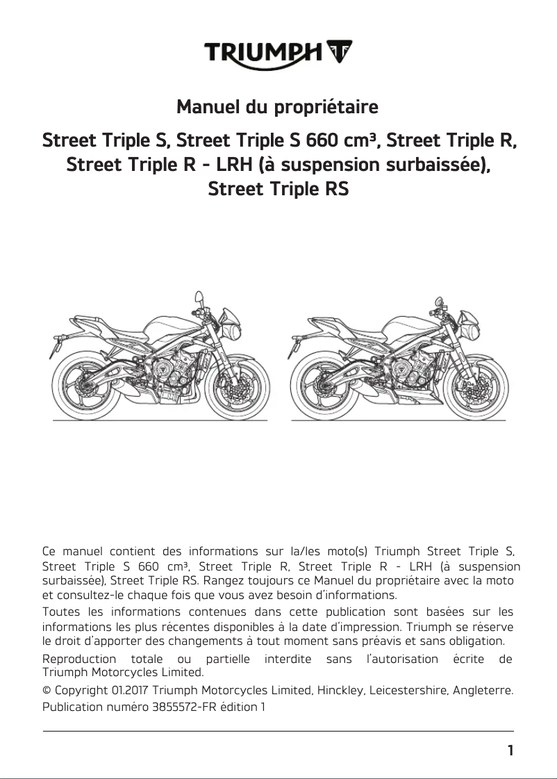 Page 1 de la notice Manuel utilisateur Triumph Street Triple R (2018)