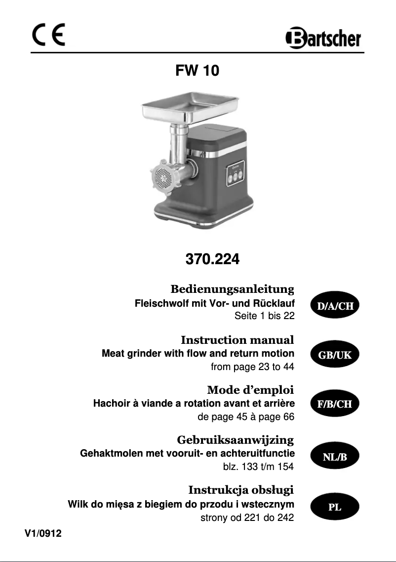 Page 1 de la notice Manuel utilisateur Bartscher FW10