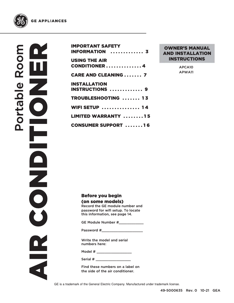 Page n°1 - Guide d'installation GE APCA10YBBW