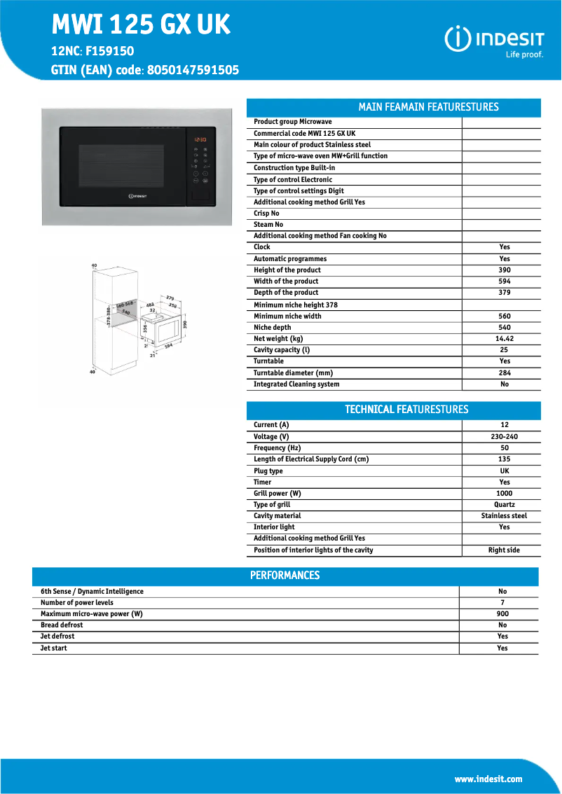 Page 1 de la notice Fiche technique Indesit MWI 125 GX UK