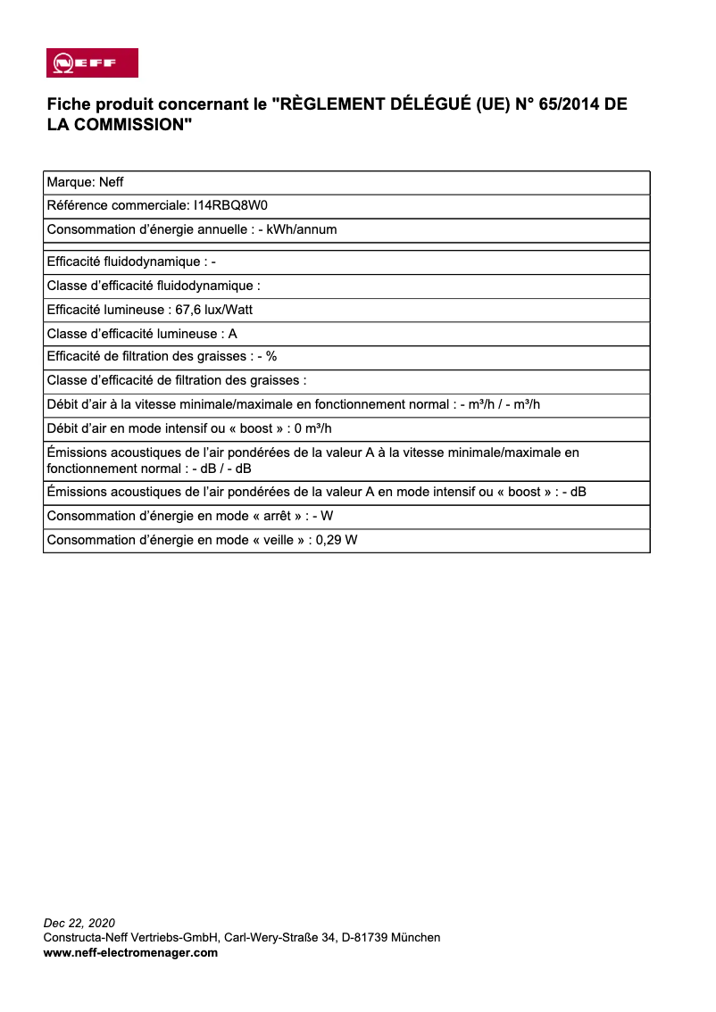 Page 1 de la notice Label énergétique Neff I14RBQ8W0