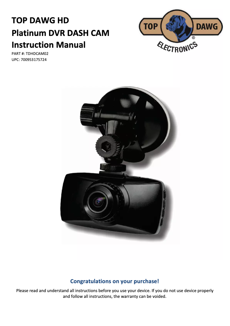 Image de la première page du manuel de l'appareil HD Platinum DVR TDHDCAM02