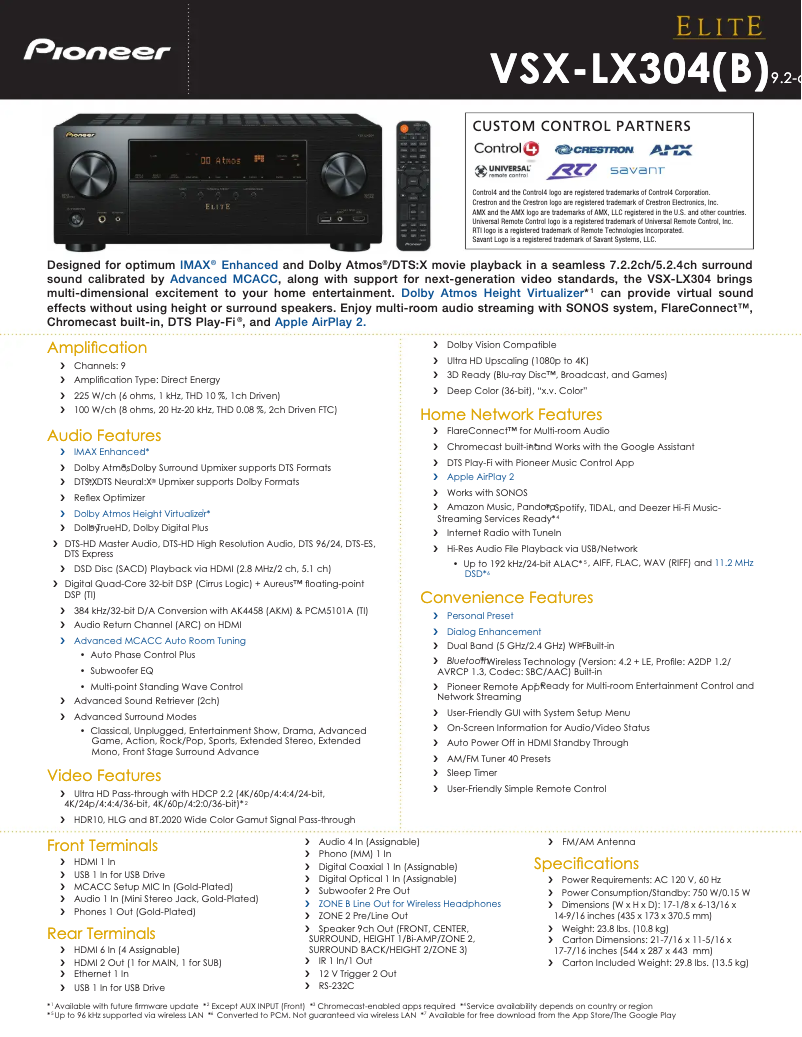 Page n°1 - Fiche technique Pioneer Elite VSX-LX304