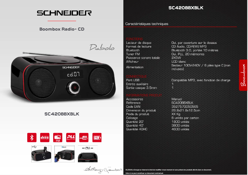 Page 1 de la notice Fiche technique Schneider Diabolo SC420BBXBLK