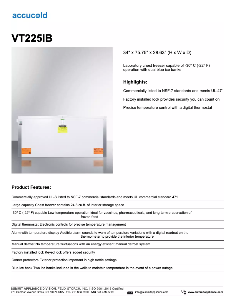 Page n°1 - Fiche technique Summit Accucold VT225IB