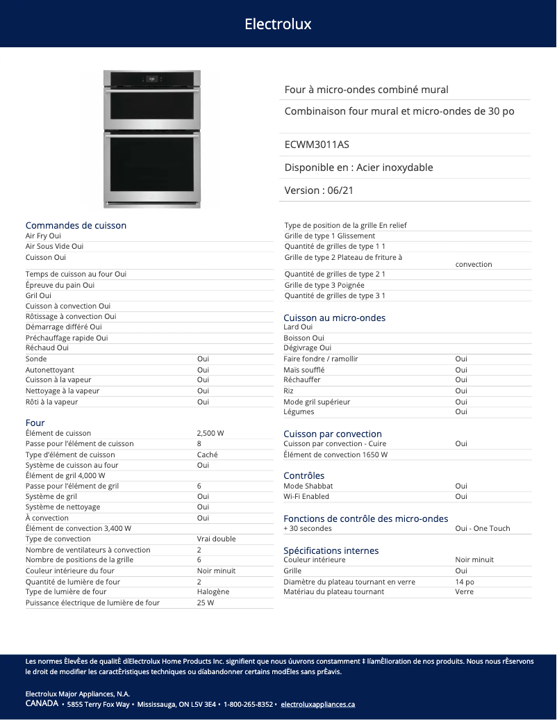 Page 1 de la notice Fiche technique Electrolux ECWM3011AS