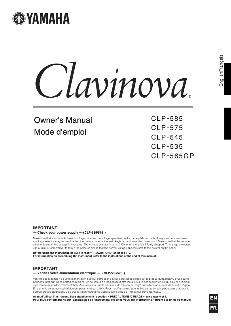 Page 1 de la notice Manuel utilisateur Yamaha Clavinova CLP-585