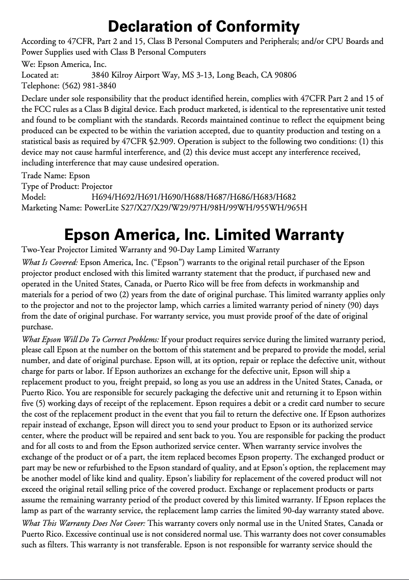 Page 1 de la notice Informations de garantie Epson PowerLite X27