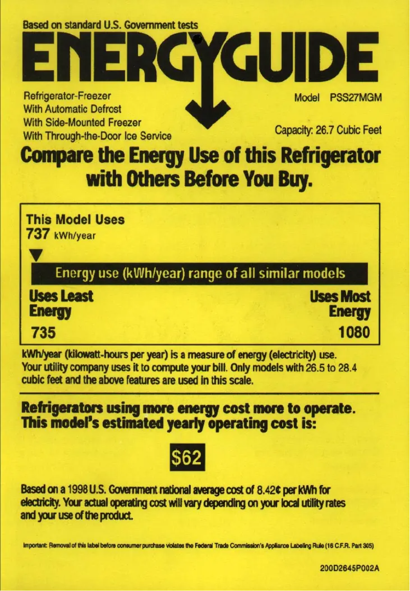 Página 1 del manual Etiqueta energética GE Profile Arctica PSS27MGMWW
