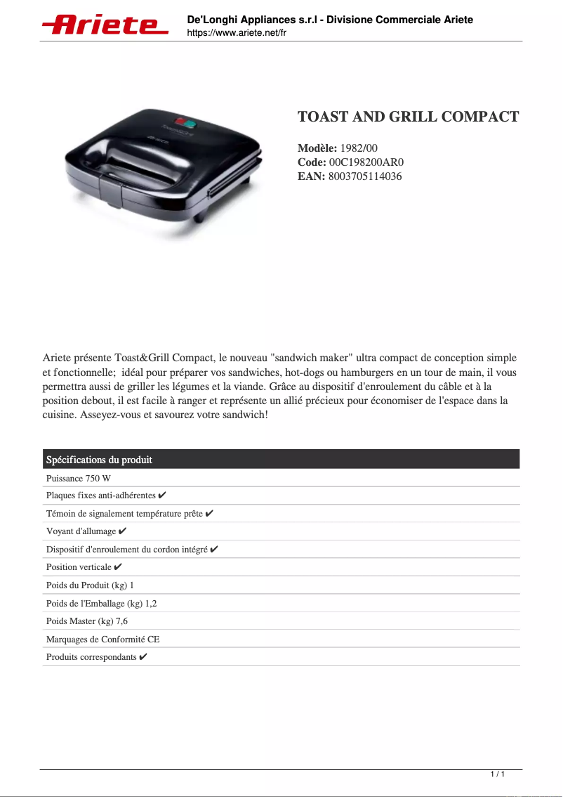 Page n°1 - Fiche technique Ariete Toast & Grill Compact 1982