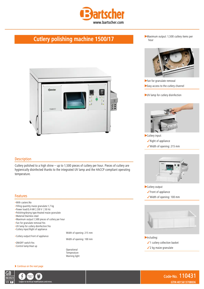 Page n°1 - Fiche technique Bartscher 110431