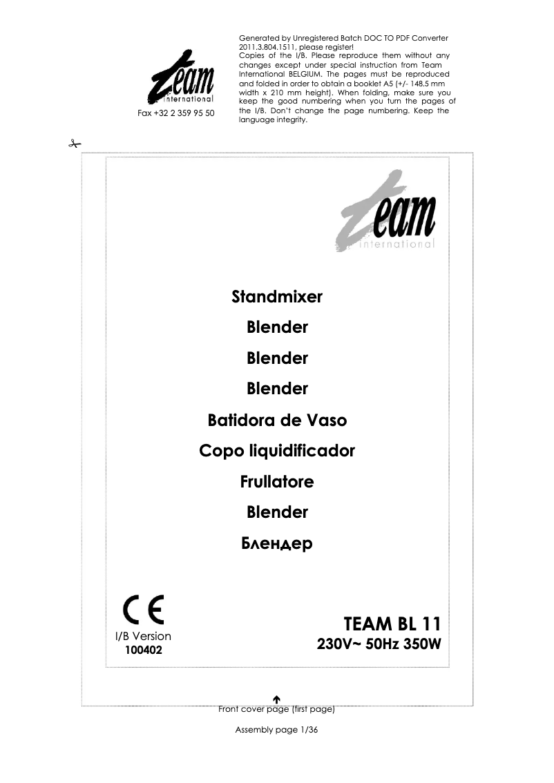 Page 1 de la notice Manuel utilisateur Team BL 11