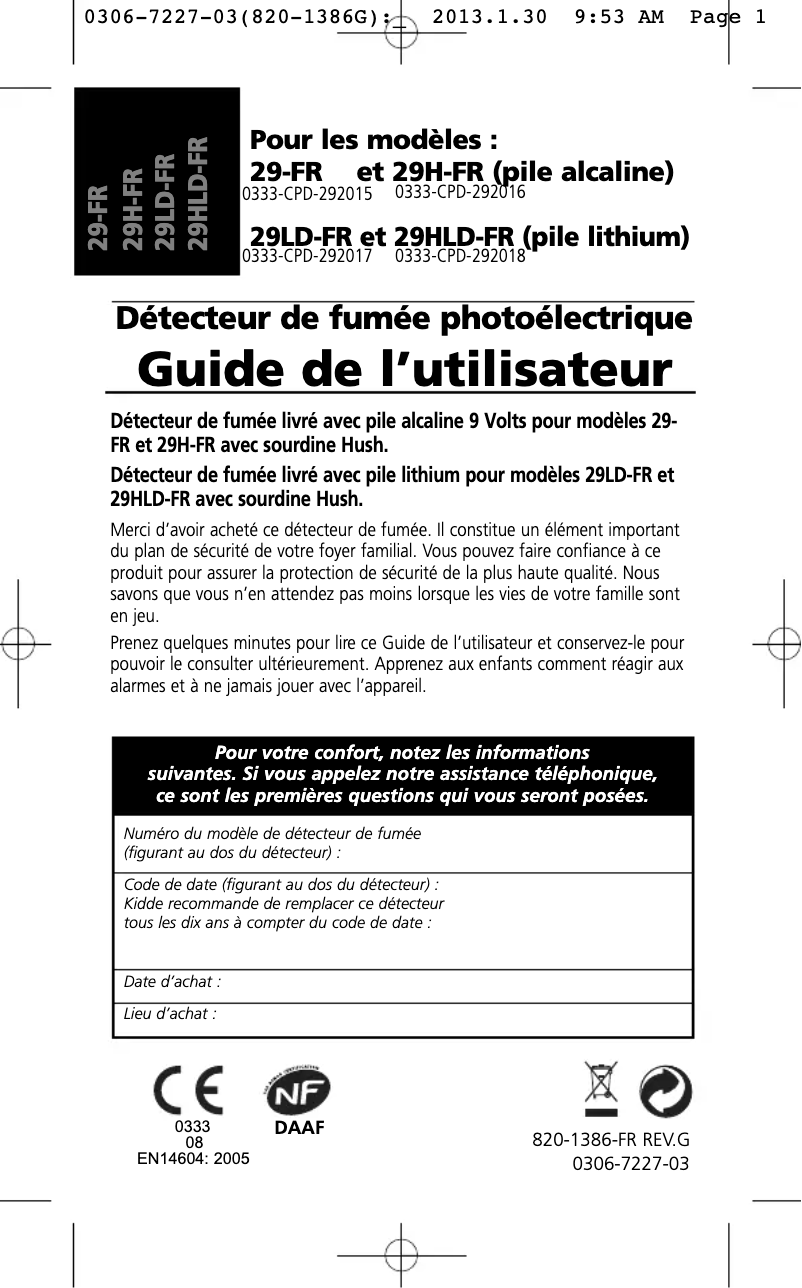 Page 1 de la notice Manuel utilisateur Kidde DAAF 29H-FR