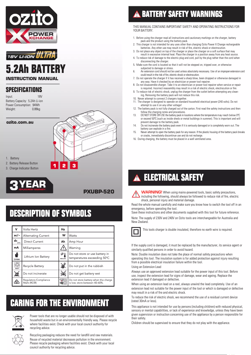 Page n°1 - Manuel utilisateur Ozito PXUBP-520