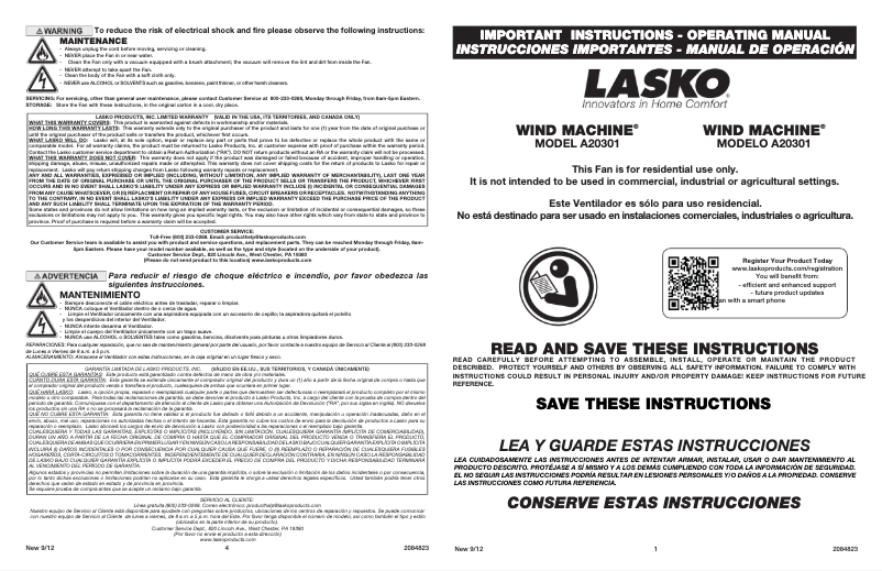 Page 1 de la notice Manuel utilisateur Lasko Wind Machine A20301