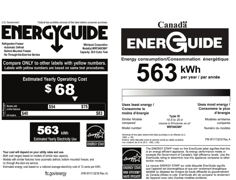 Page 1 de la notice Label énergétique Whirlpool WRF540CWHW