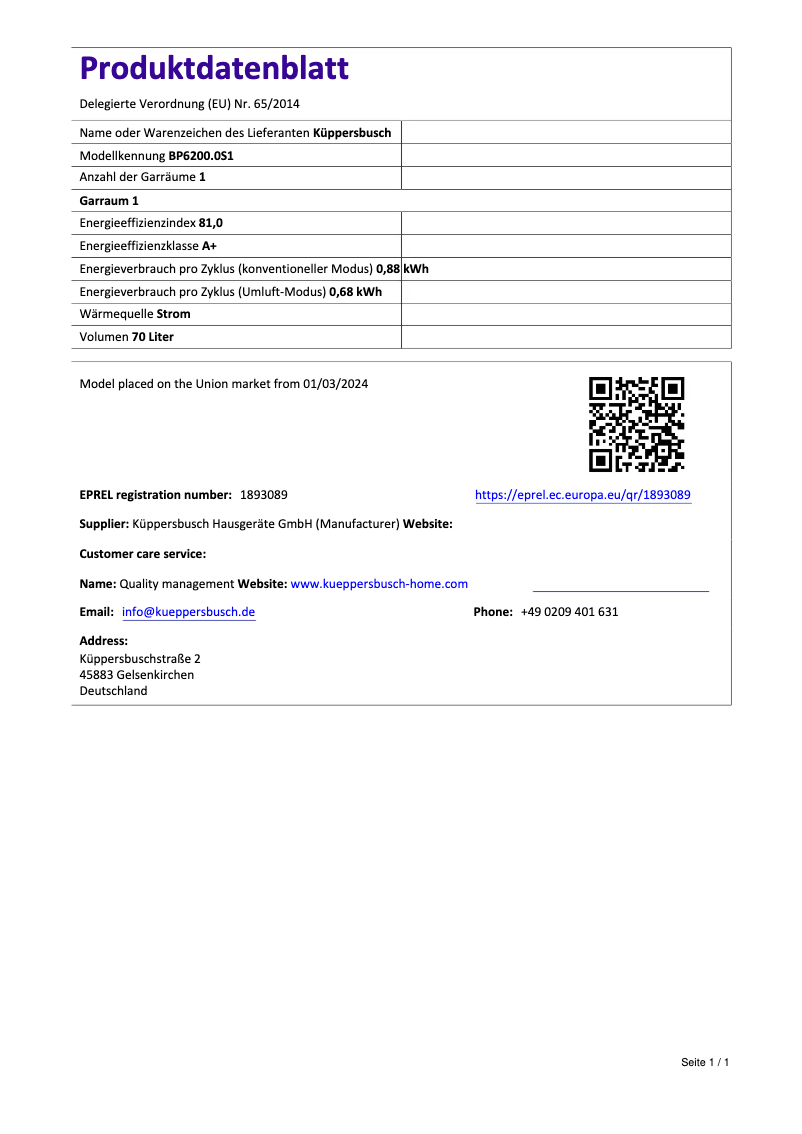 Page n°1 - Label énergétique Küppersbusch BP6200.0S1