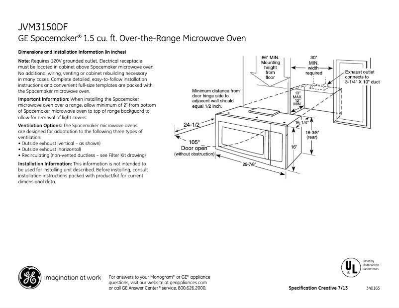 Page 1 of the manual Technical Sheet GE JVM3150DFWW