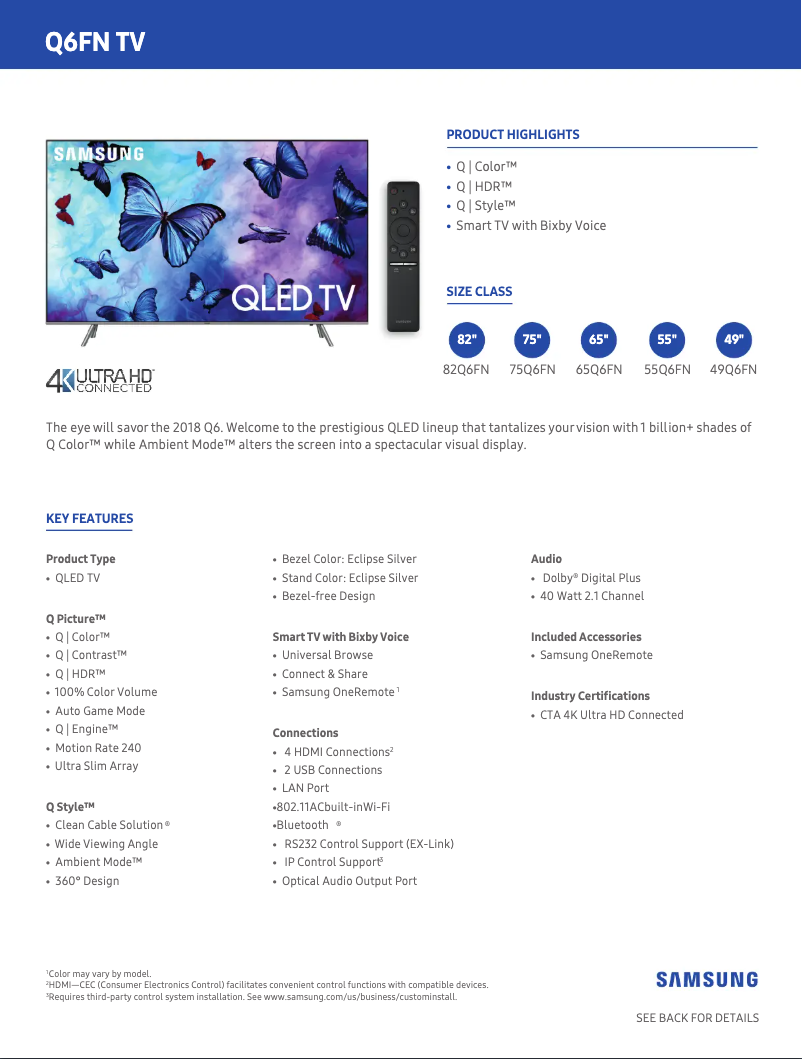 Page 1 de la notice Fiche technique Samsung QN65Q6FNAFXZA