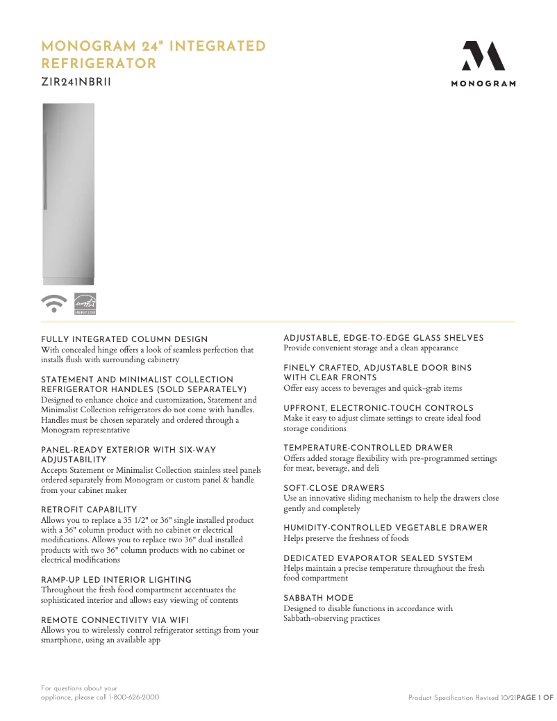 Page 1 de la notice Fiche technique Monogram ZIR241NBRII