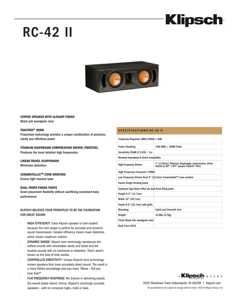 Page 1 de la notice Fiche technique Klipsch RC-42 II