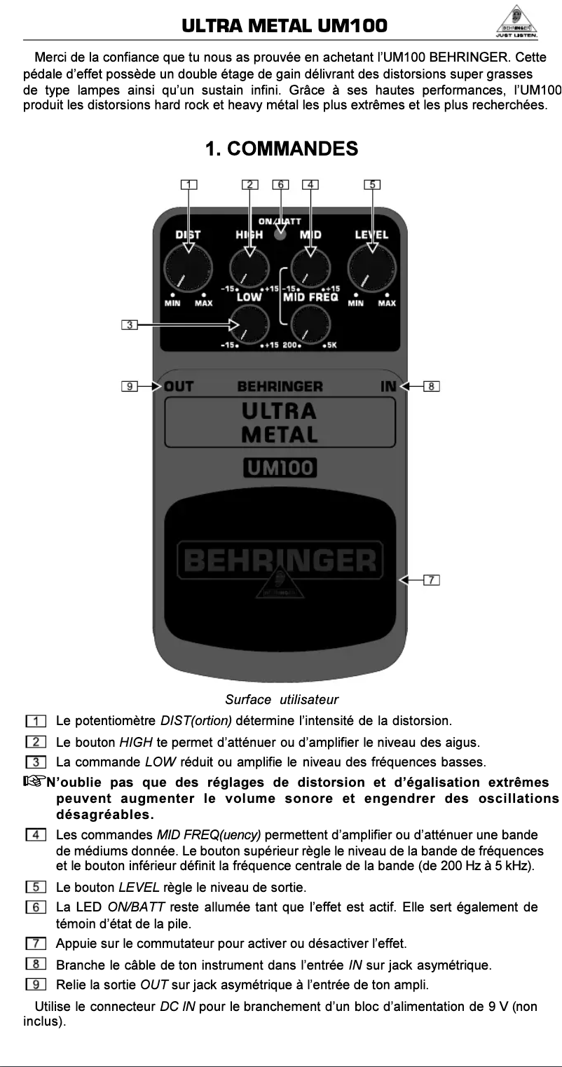 Page n°1 - Manuel utilisateur Behringer Ultra Metal UM100